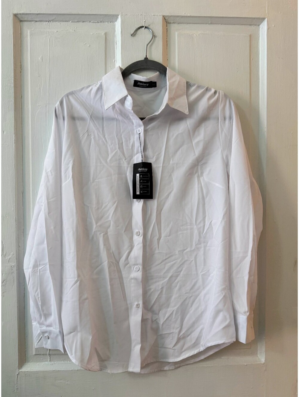 Size Large Jonivey Womens Stretch Button Down Long Sleeve Shirt, White Button Up - Picture 6 of 6